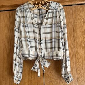 plaid button up blouse with tie bottom size large